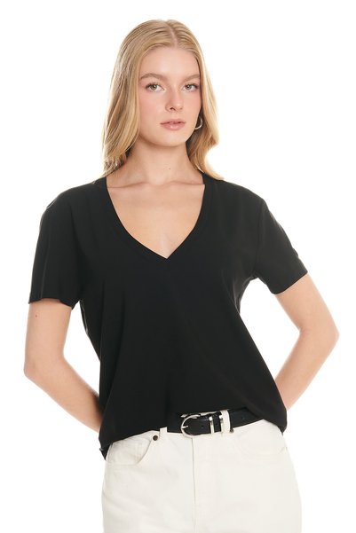 Black V-Neck Short-Sleeved Draped T-Shirt