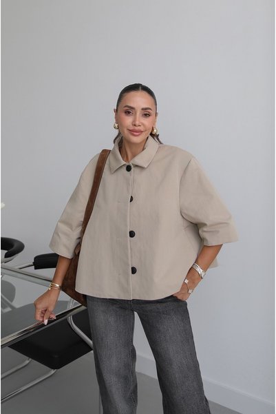 Beige Hidden Button Short Jacket