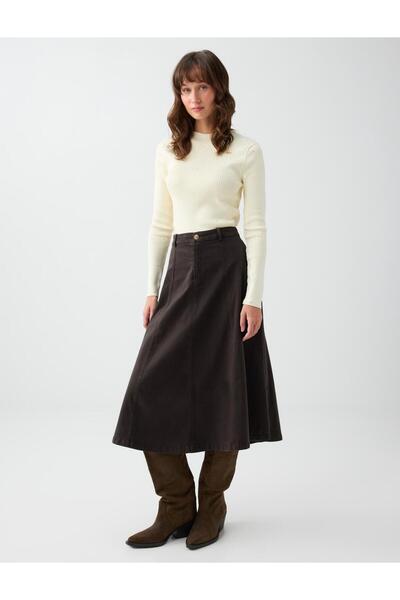 Bitter Brown Waist Zippered A-Line Cotton Tencel Midi Skirt