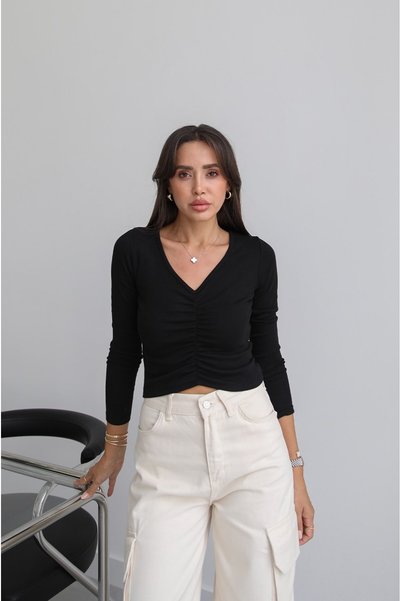 Black V-Neck Gathered Front Blouse