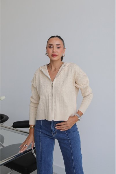Cream Knitted Hooded Sweater Cardigan
