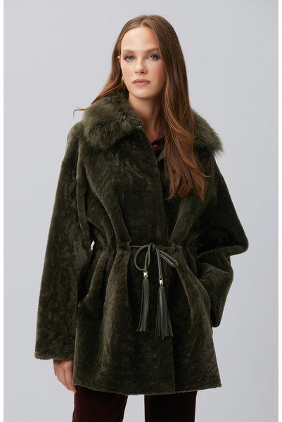 Khaki Leather Coat with Fur Collar