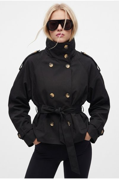 Women's Beck Black Lined Belted Short Stand Collar Trench Coat