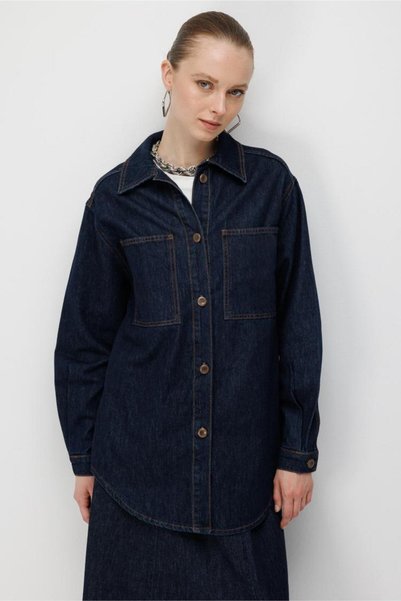 Oversized Pocketed Buttoned Navy Blue Denim Tunic