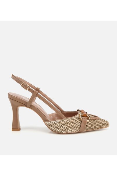Women's Mink Straw Detailed Buckle Short Heeled Stiletto