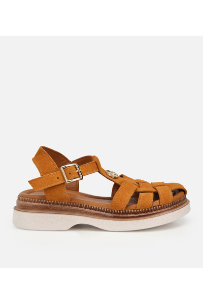 Women's Suede Leather Yellow Comfort Flat Sandals