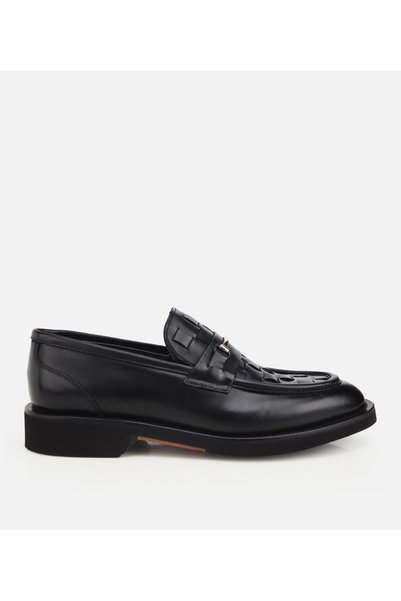Men's Leather Black Knitted Classic Loafer with Metal Detail