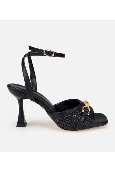 Women's Black Straw Detailed Buckle Heeled Sandals