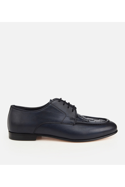 Men's Leather Navy Blue Knitted Detail Classic Shoes