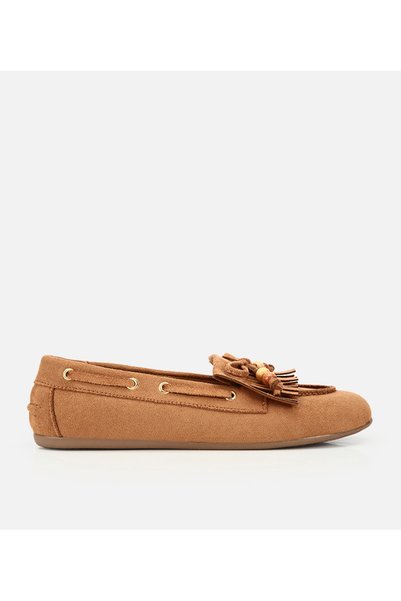 Women's tan suede loafer with bow detail and lace-up closure