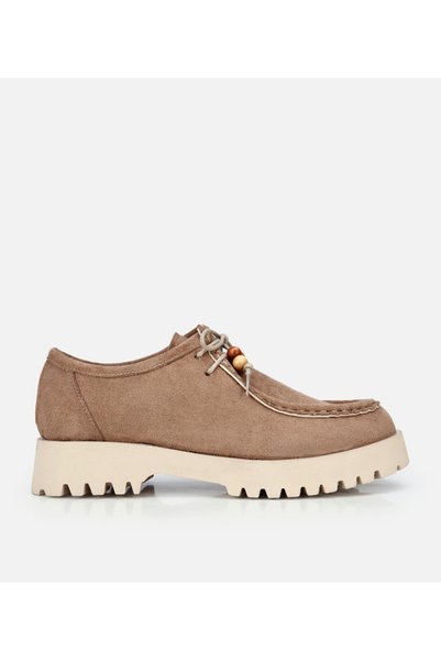 Women's Beige Suede Lace-Up Thick Sole Loafer
