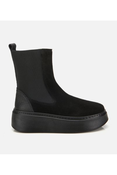 Women's Suede Leather Black Rubber Detailed Thick Soled Flat Boots