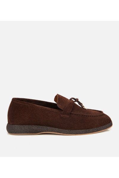 Women's Suede Leather Brown Classic Loafer with Gold Accessories