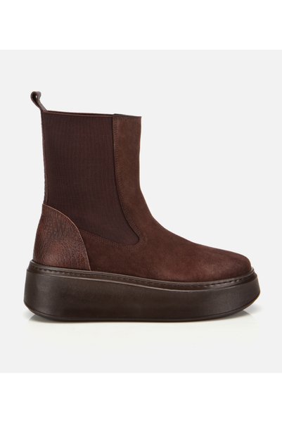 Women's Suede Leather Brown Rubber Detailed Thick Sole Flat Boots