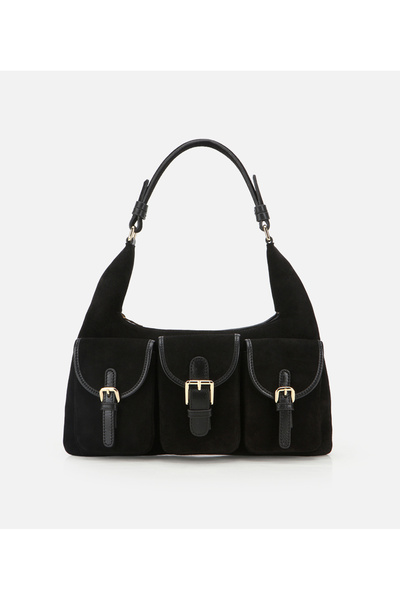 Women's Suede Leather Black Pocketed Buckled Shoulder Bag