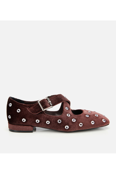 Women's Brown Velvet Jeweled Cross-Strap Flats