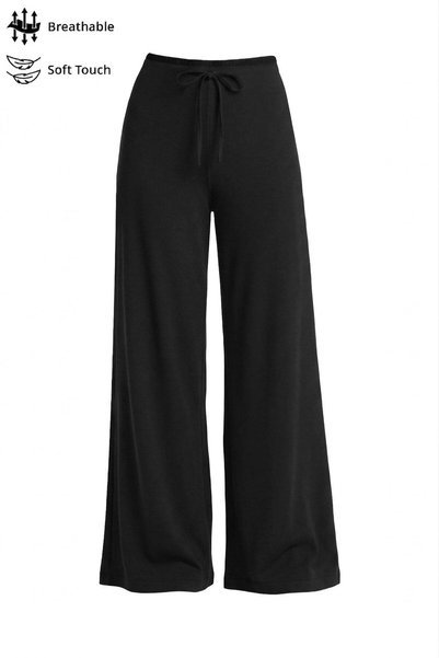 Black Viscose Basic High Waist Wide Leg Lace-Up Women's Trousers