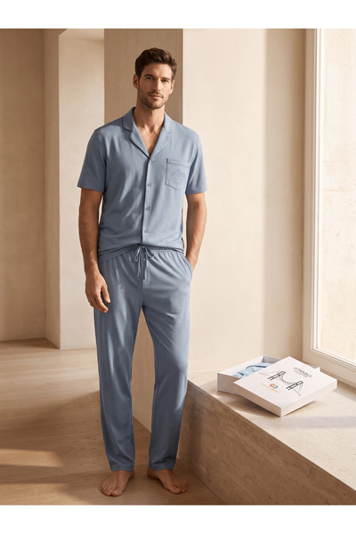 Men's Istanbul Series Throat Bridge Patterned Premium Boxed Pajama Set Blue