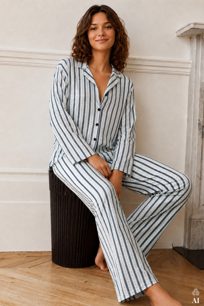 Women's Cotton Striped Buttoned Shirt Collar Long Sleeve Pajama Set