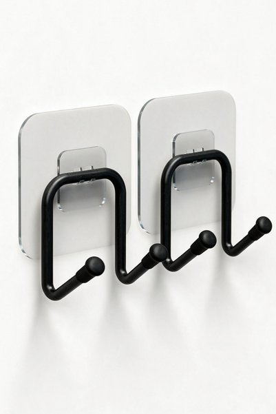 Black 2 Pieces Double Hook Metal Bathroom Kitchen Hanger Adhesive Wall Hanger Organizer