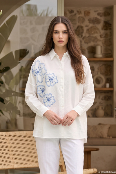 Embroidered and Sequin Detailed Shirt 17599 Ecru