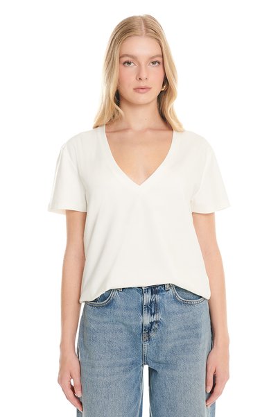 Ecru V-Neck Short Sleeve Flowy T-Shirt