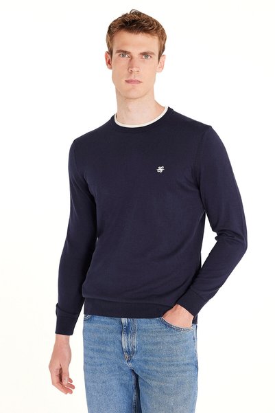 Navy Blue Crew Neck Embroidered Logo Knit Sweater