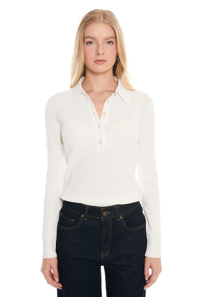 Ecru Polo Collar Slim Fit Long Sleeve Knit Sweater