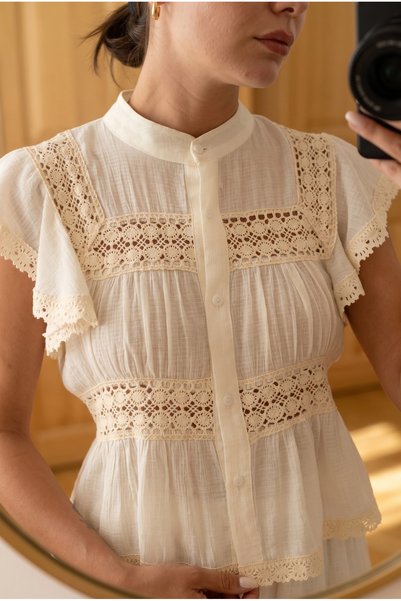 Cream Eyelet Detailed Short Sleeve Shirt