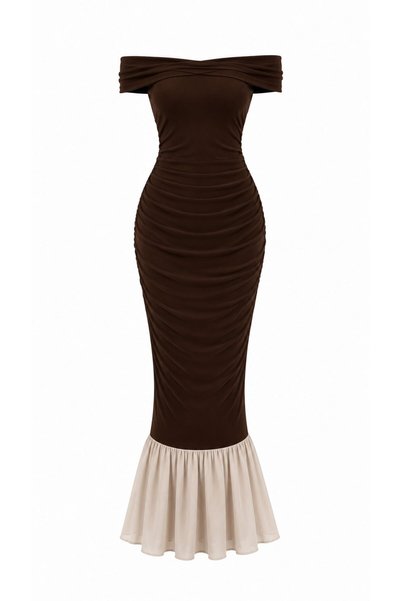Brown Boat Neck Ruffle Dress - 2Y4798