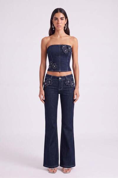 Floral Detailed Low Waist Flare Clover Jean Trousers Navy Blue