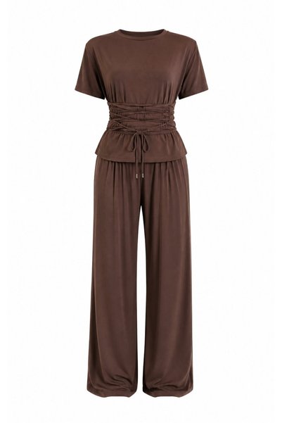 Brown Tie-Waist Padded Blouse and Trousers Set - 1111