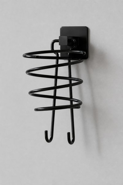 Black Metal Blow Dryer Holder Adhesive Hair Dryer and Towel Hanger Wall Mount