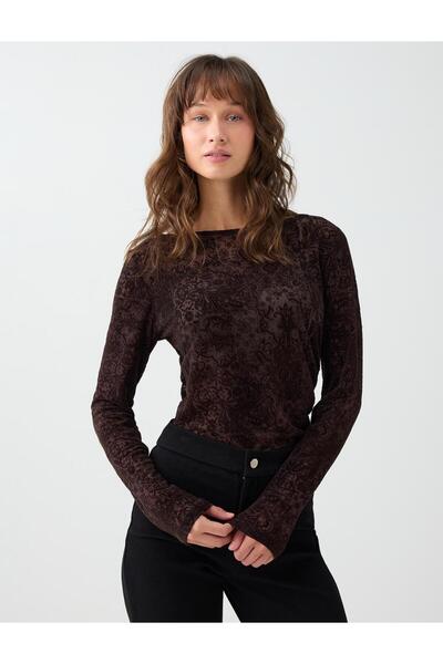 Bitter Brown Boat Neck Long Sleeve Lace Mesh Blouse