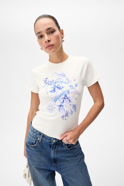 Wims Women's Printed Short Sleeve Ecru T-Shirt