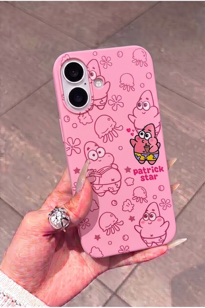 iPhone 16 Compatible Patrick Star Patterned Pink Soft Touch Silicone Phone Case