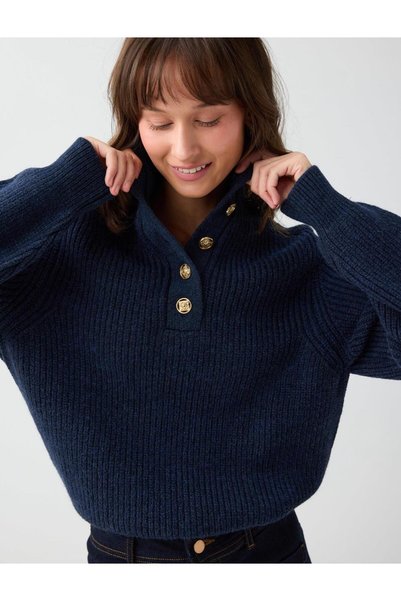 Navy Blue Button Detailed Turtleneck Knit Sweater