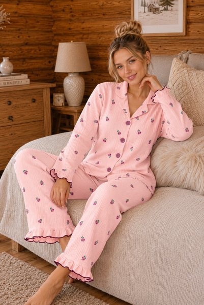 Bürümcük Knitted Long Sleeve Ruffled Floral Patterned Women's Buttoned Pajama Set
