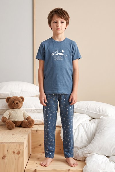 Patterned Boys' Single Jersey Cotton Pajama Set 260381 Petrol