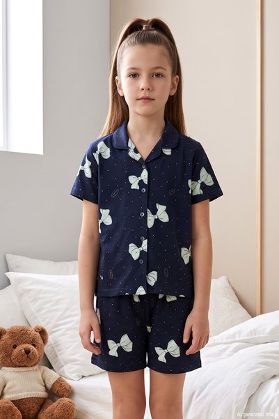 Girl's Single Jersey Cotton Pajama Set with Shorts and Front Buttons 260278 Navy Blue