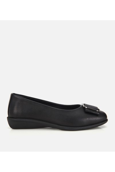 Women's Leather Black Buckle Detail Comfort Ballet Flats