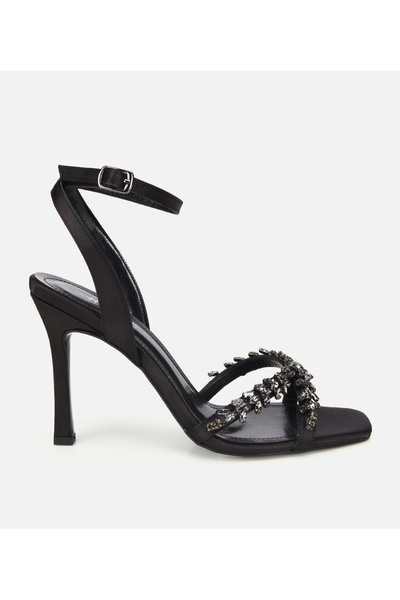 Women's Black Satin Stone Detailed Heeled Sandals