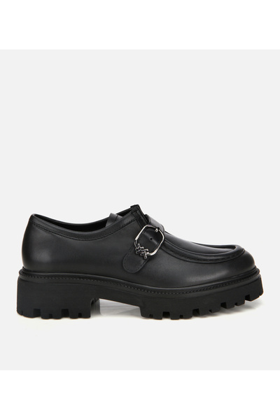Women's Leather Black Buckle Thick Sole Casual Loafer