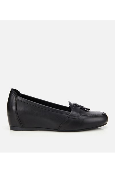 Women's Leather Black Wedge Heeled Comfortable Casual Loafer