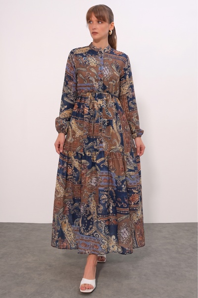 Women's Patterned Long Hijab Dress 2586 - Cobalt Blue