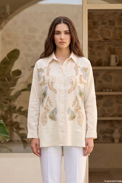 Front Embroidered Sequin Detailed Shirt 17032 Beige