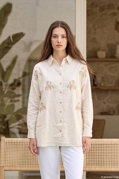 Stone Detailed Floral Patterned Shirt 17036 Beige05