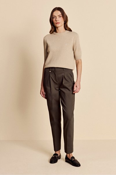 Women's Khaki Metal Logo Elastic Waist Woven Trousers