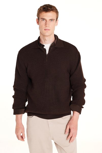 Bitter Brown Zippered Polo Sweater