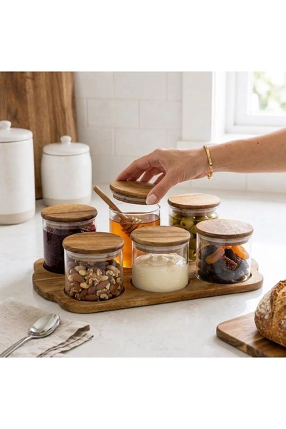 Set of 6 Glass Jars with Wooden Lids and Wooden Stands